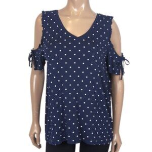 3/$20 Reitmans Cold Shoulder Polka Dot Top Ruffled Short Sleeve Vneck Navy Blue
